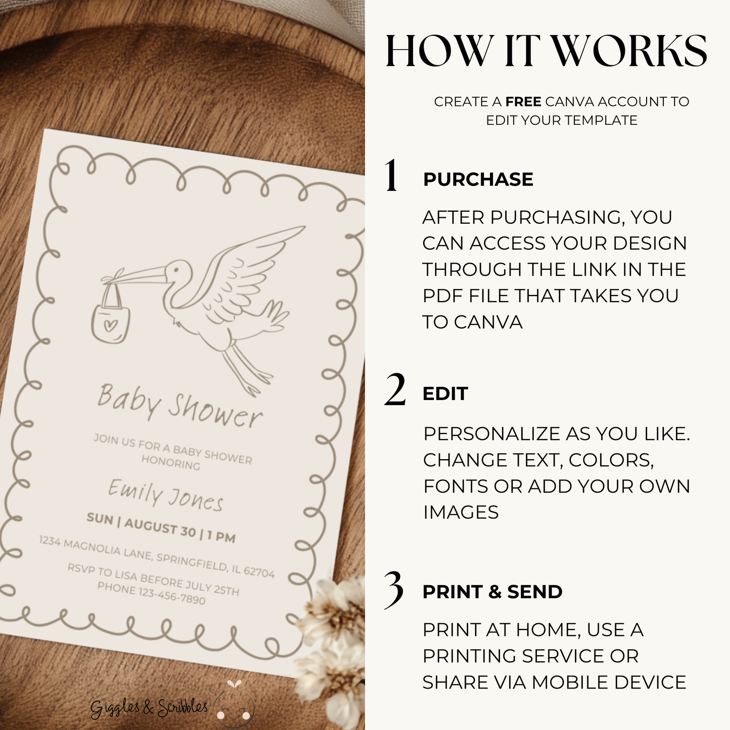 Baby Shower Invitation - Hand Drawn Stork Gender Neutral Beige BS105