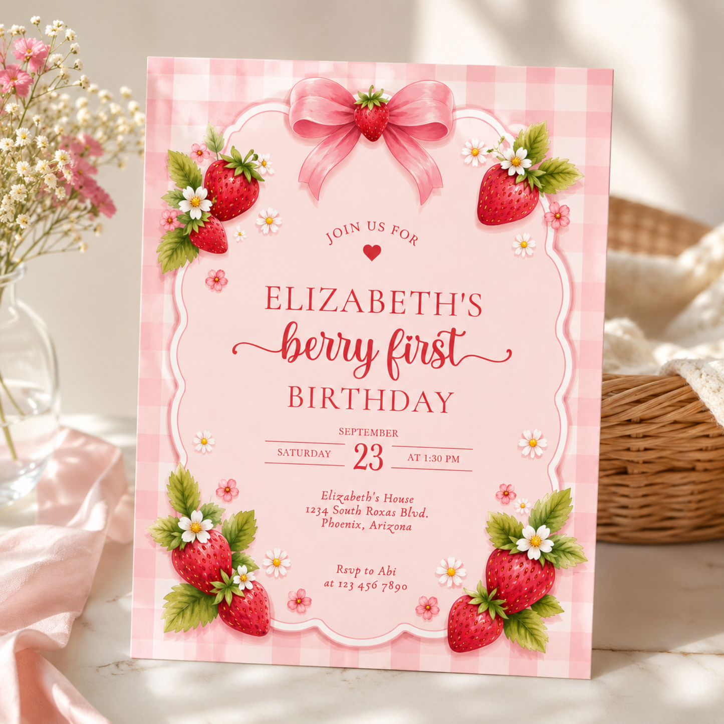 Berry First Birthday Invitation Strawberry Theme L142