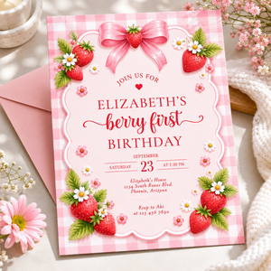 Berry First Birthday Invitation Strawberry Theme L142