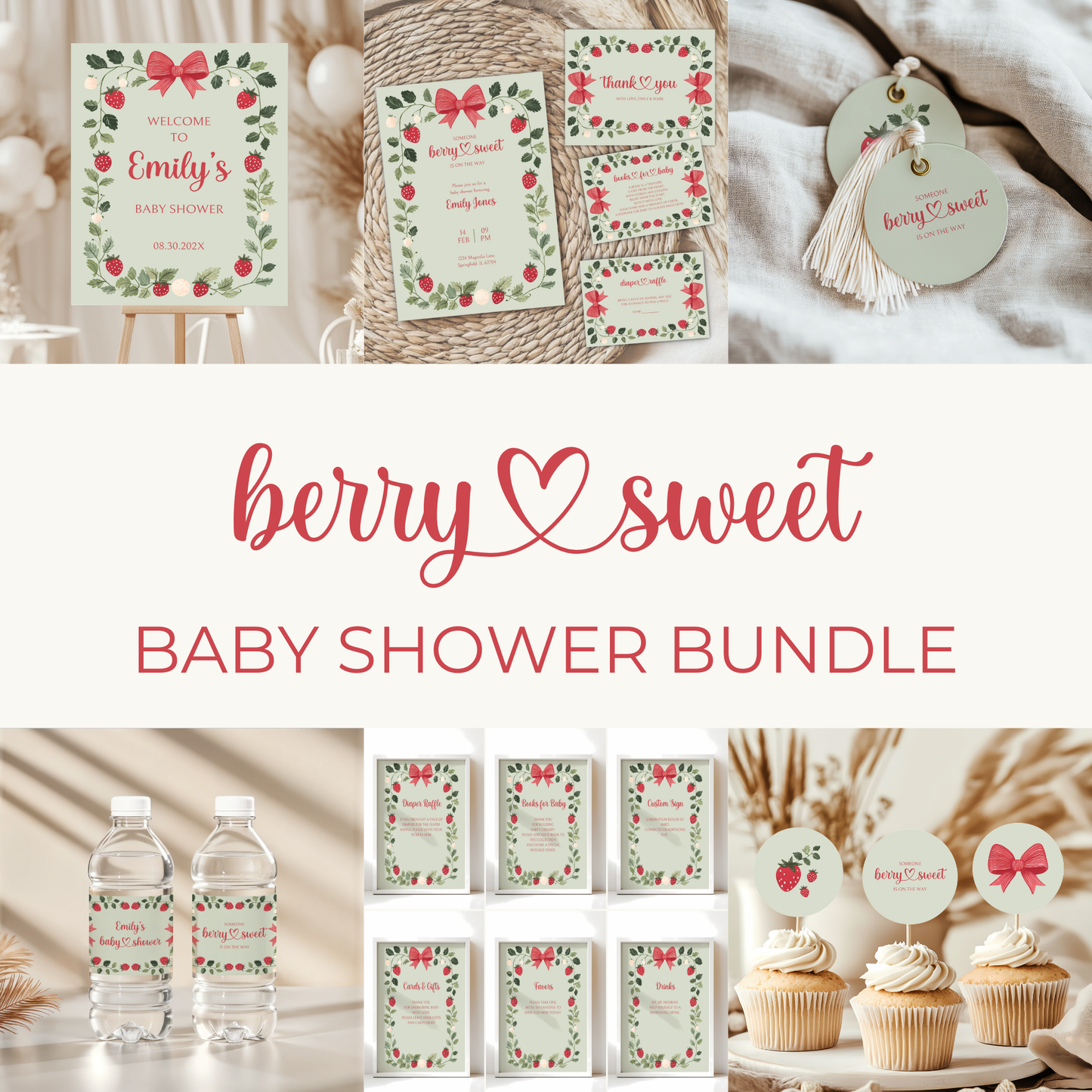 Baby Shower Mega Bundle - Green Strawberry Berry Sweet Vintage Floral BS63