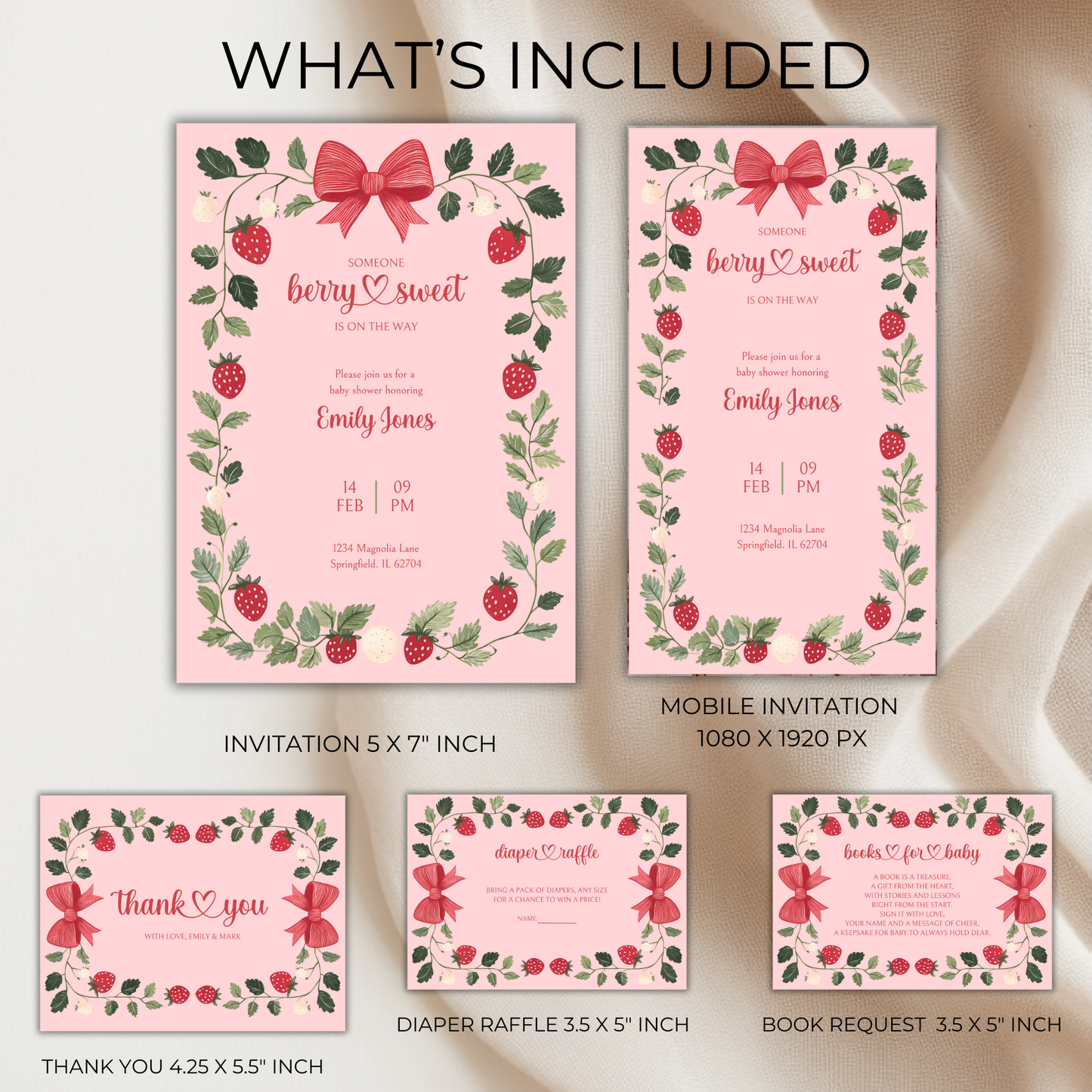 Baby Shower Invitation Bundle - Pink Strawberry Berry Sweet Vintage Floral BS63