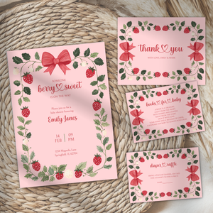 Baby Shower Invitation Bundle - Pink Strawberry Berry Sweet Vintage Floral BS63