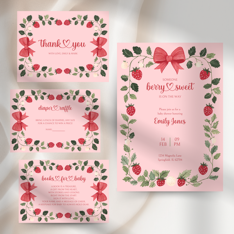 Baby Shower Invitation Bundle - Pink Strawberry Berry Sweet Vintage Floral BS63