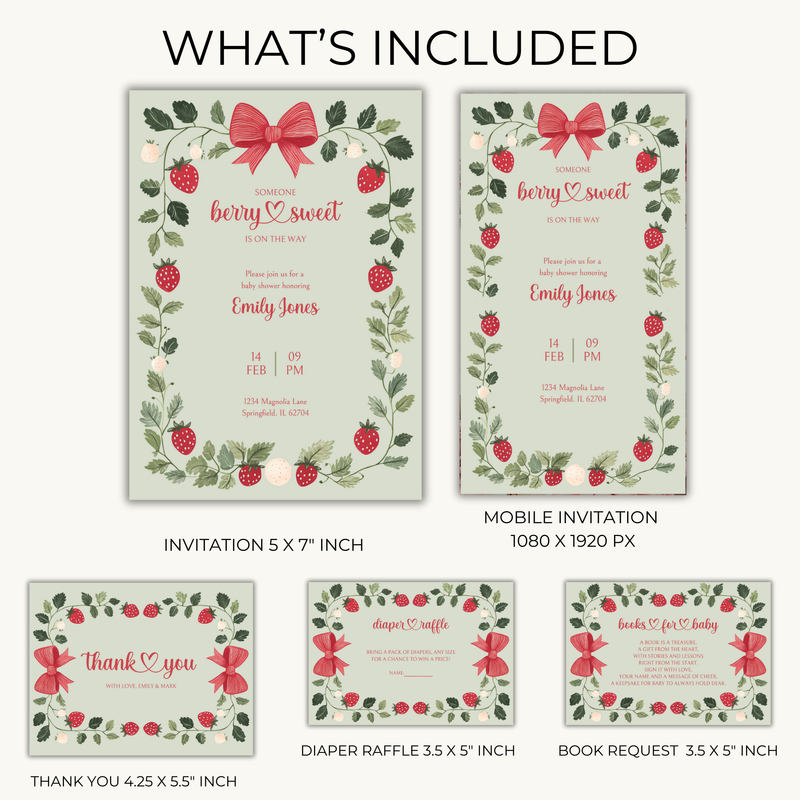 Baby Shower Invitation Bundle - Green Strawberry Berry Sweet Vintage Floral BS63