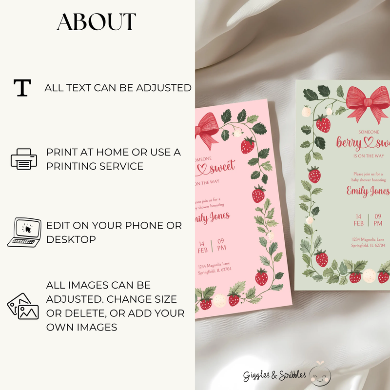 Baby Shower Invitation Bundle - Green Strawberry Berry Sweet Vintage Floral BS63
