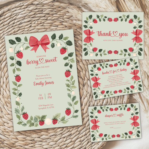 Baby Shower Invitation Bundle - Green Strawberry Berry Sweet Vintage Floral BS63