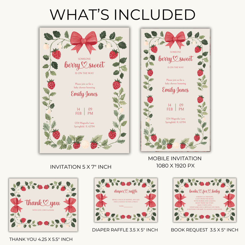 Baby Shower Invitation Bundle - Beige Strawberry Berry Sweet Vintage Floral BS63