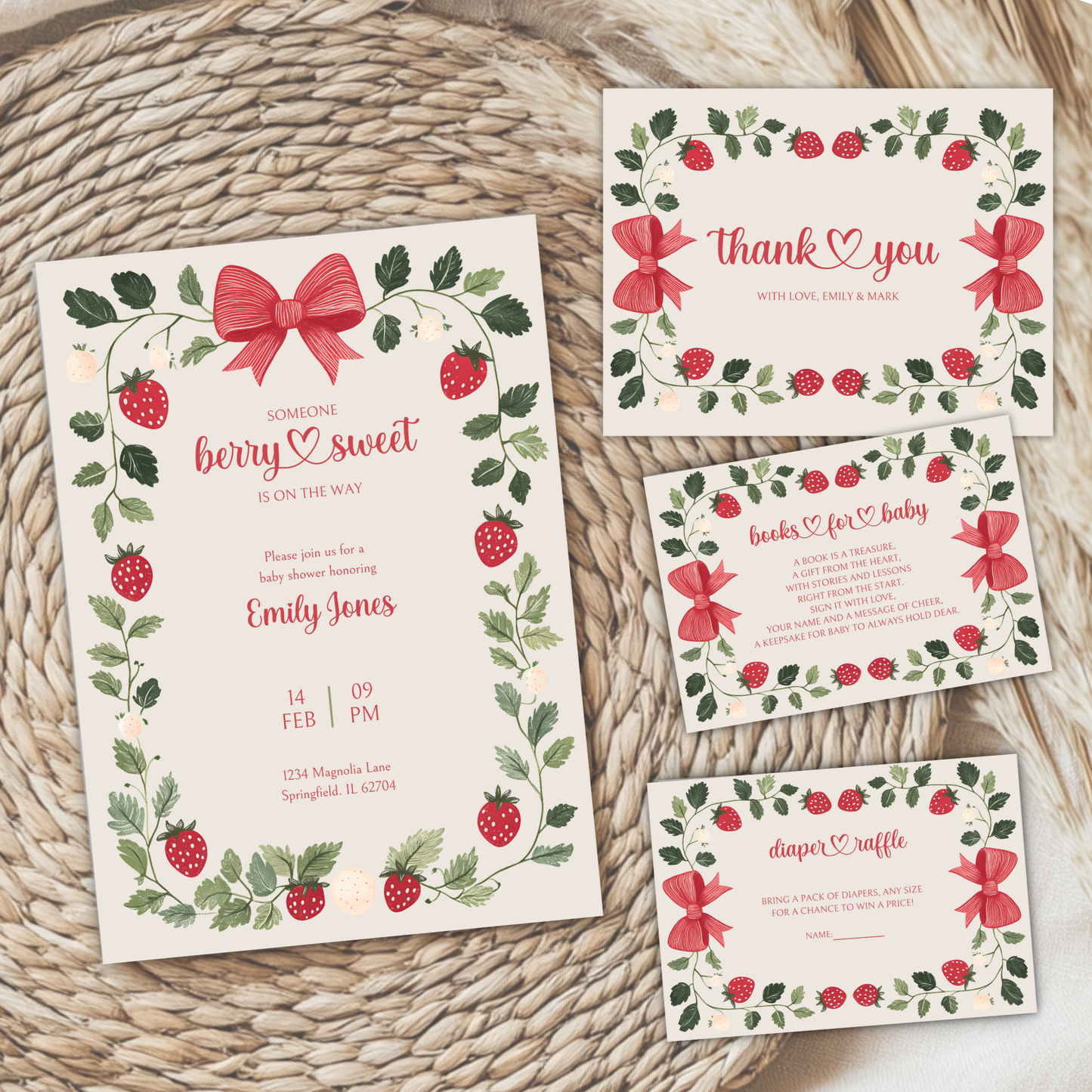 Baby Shower Invitation Bundle - Beige Strawberry Berry Sweet Vintage Floral BS63