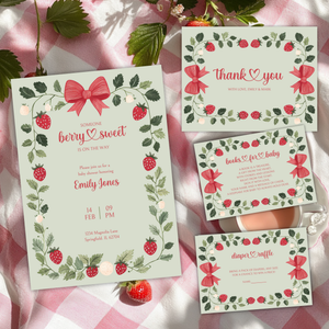 Baby Shower Invitation Bundle - Green Strawberry Berry Sweet Vintage Floral BS63