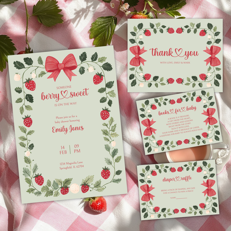 Baby Shower Invitation Bundle - Green Strawberry Berry Sweet Vintage Floral BS63