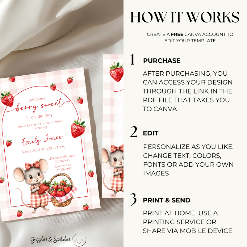 Baby Shower Invitation - Strawberry Mouse Berry Sweet Fruit BS138