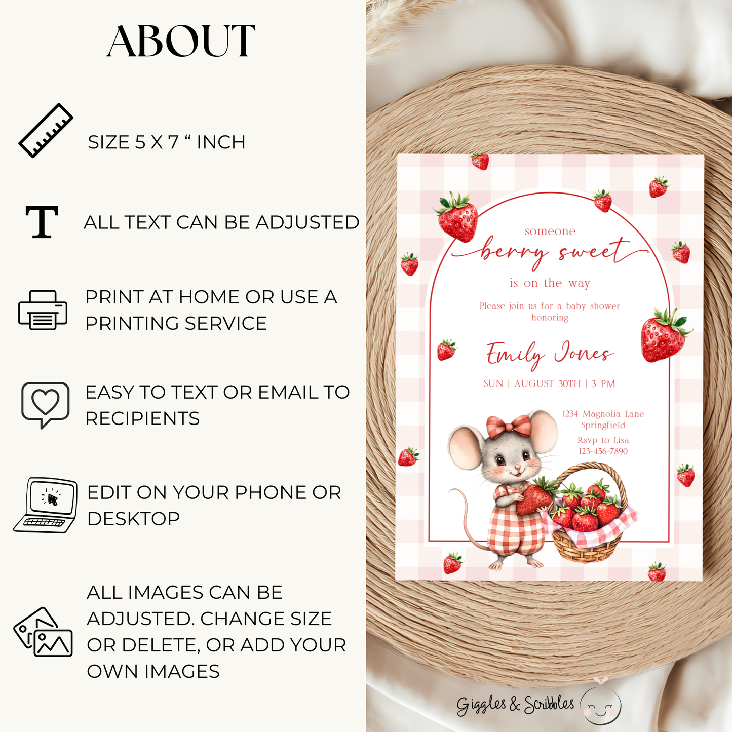 Baby Shower Invitation - Strawberry Mouse Berry Sweet Fruit BS138