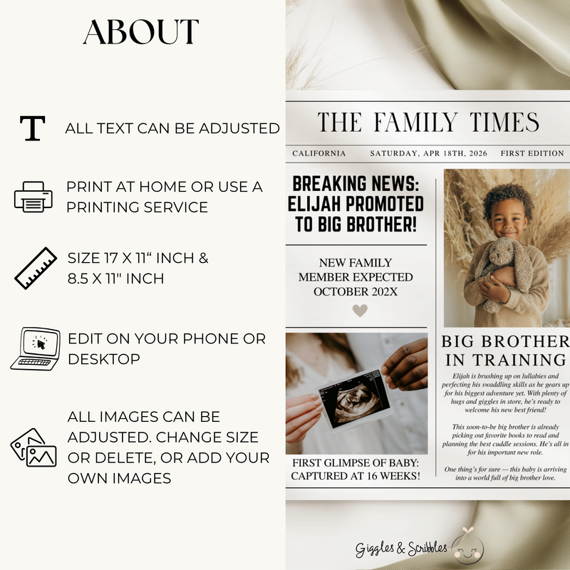 Big Brother To Be Pregnancy Announcement Newspaper Template NP5