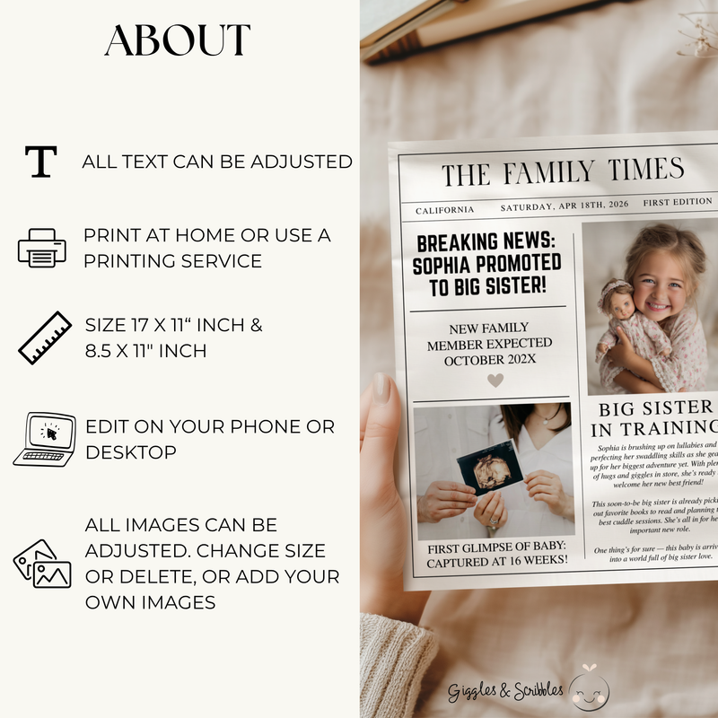 Editable Big Sister Newspaper Pregnancy Announcement Template NP2