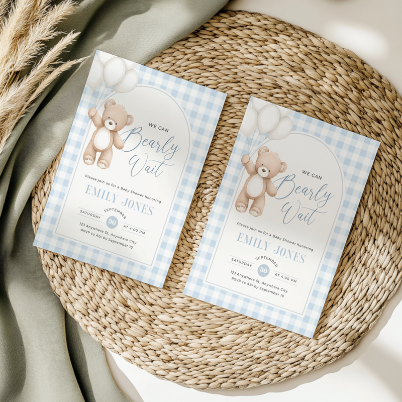 Blue Gingham Bear Baby Shower Invitation - Bearly Wait Theme BS295