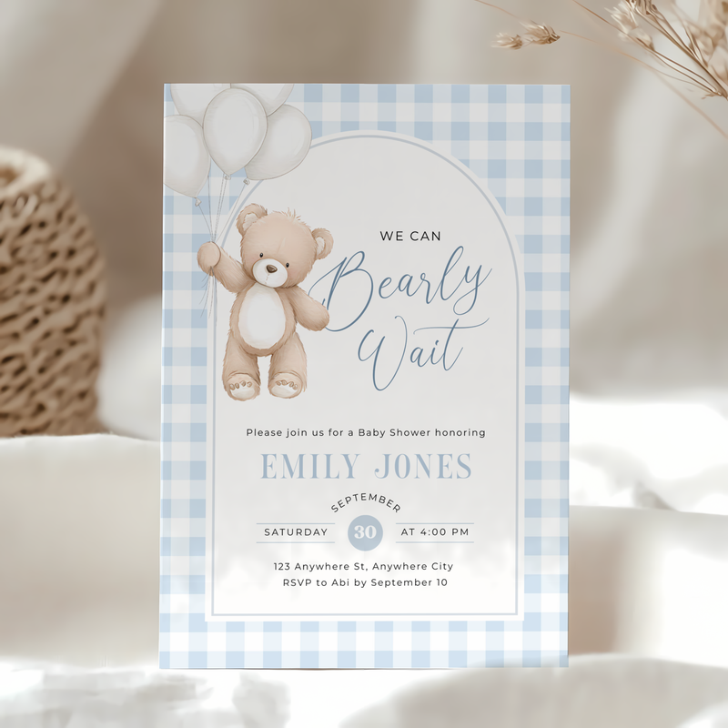 Blue Gingham Bear Baby Shower Invitation - Bearly Wait Theme BS295