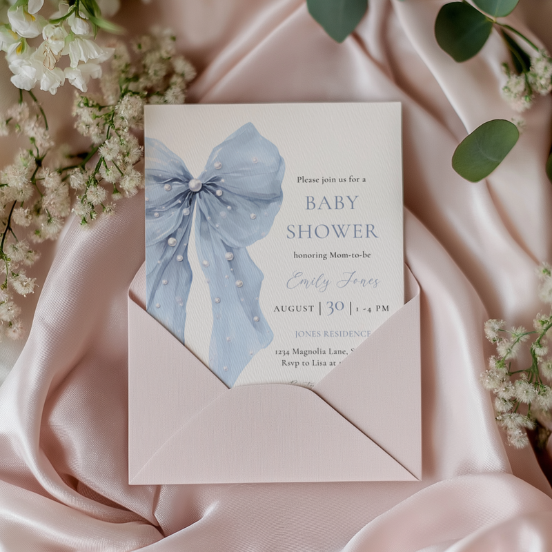 Baby Shower Invitation - Blue Bow Coquette Pearls BS164
