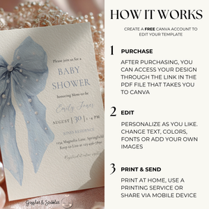 Baby Shower Invitation - Blue Bow Coquette Pearls BS164