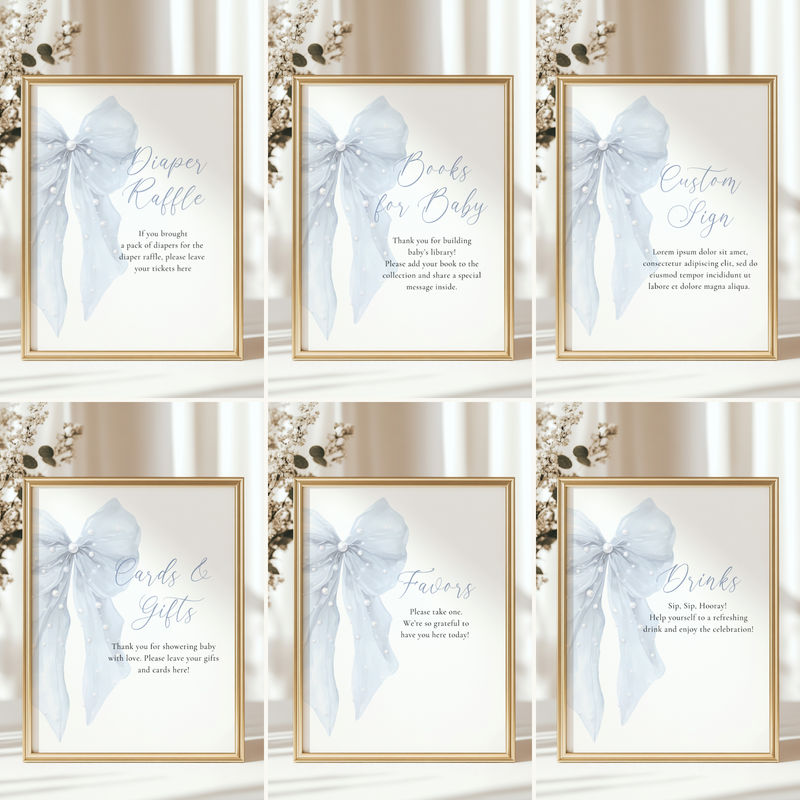 Baby Shower Table Sign Bundle - Blue Bows with Pearls BS164