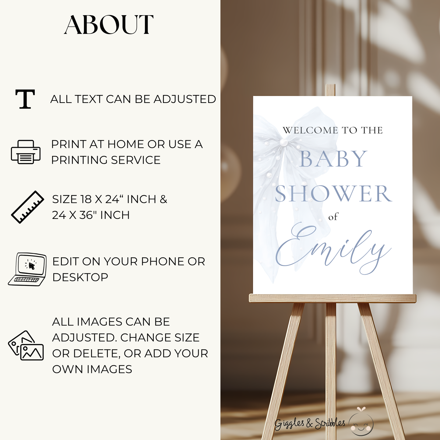 Baby Shower Welcome Sign - Blue Coquette Bow BS164