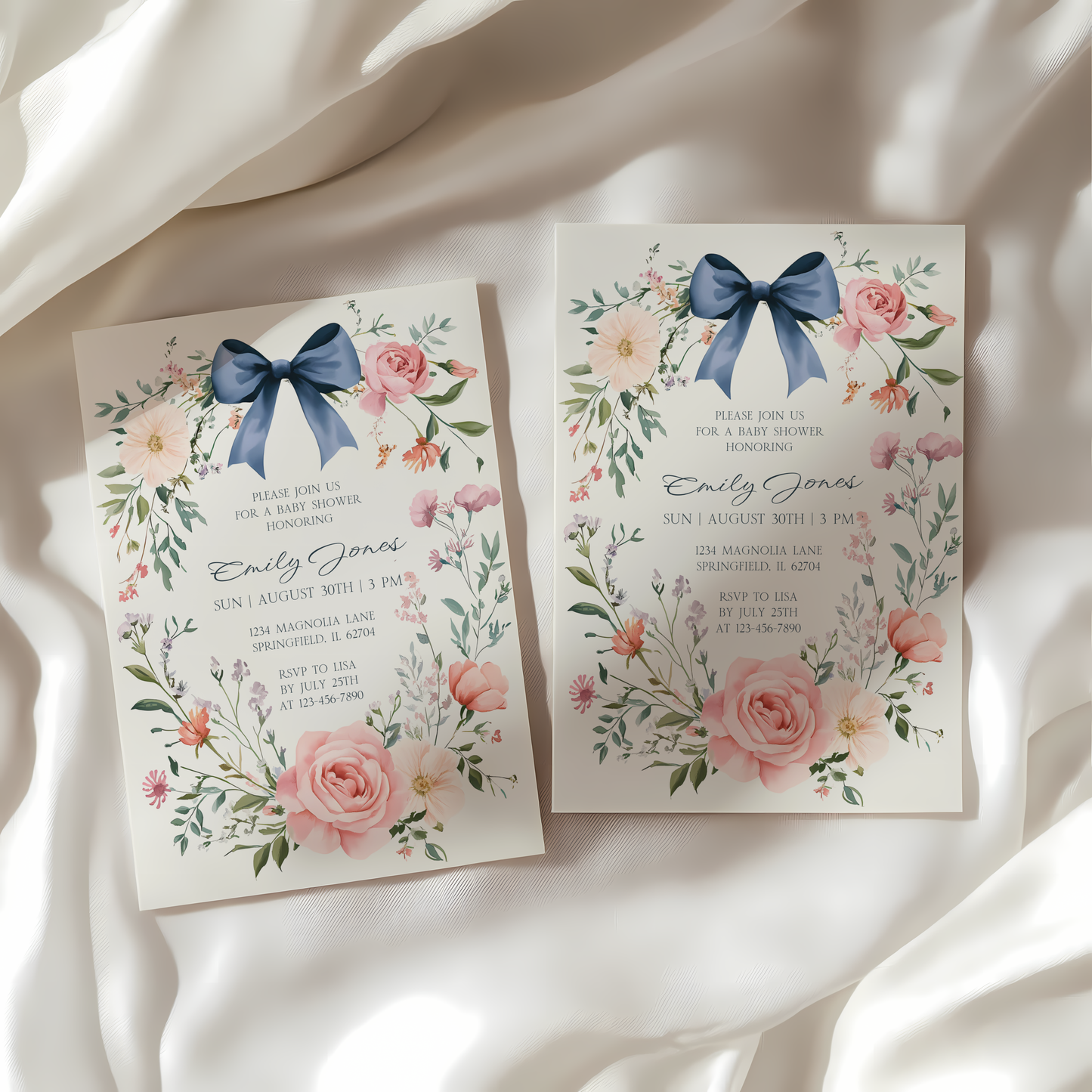 Baby Shower Invitation - Dusty Blue Bow Vintage Floral Elegant BS127