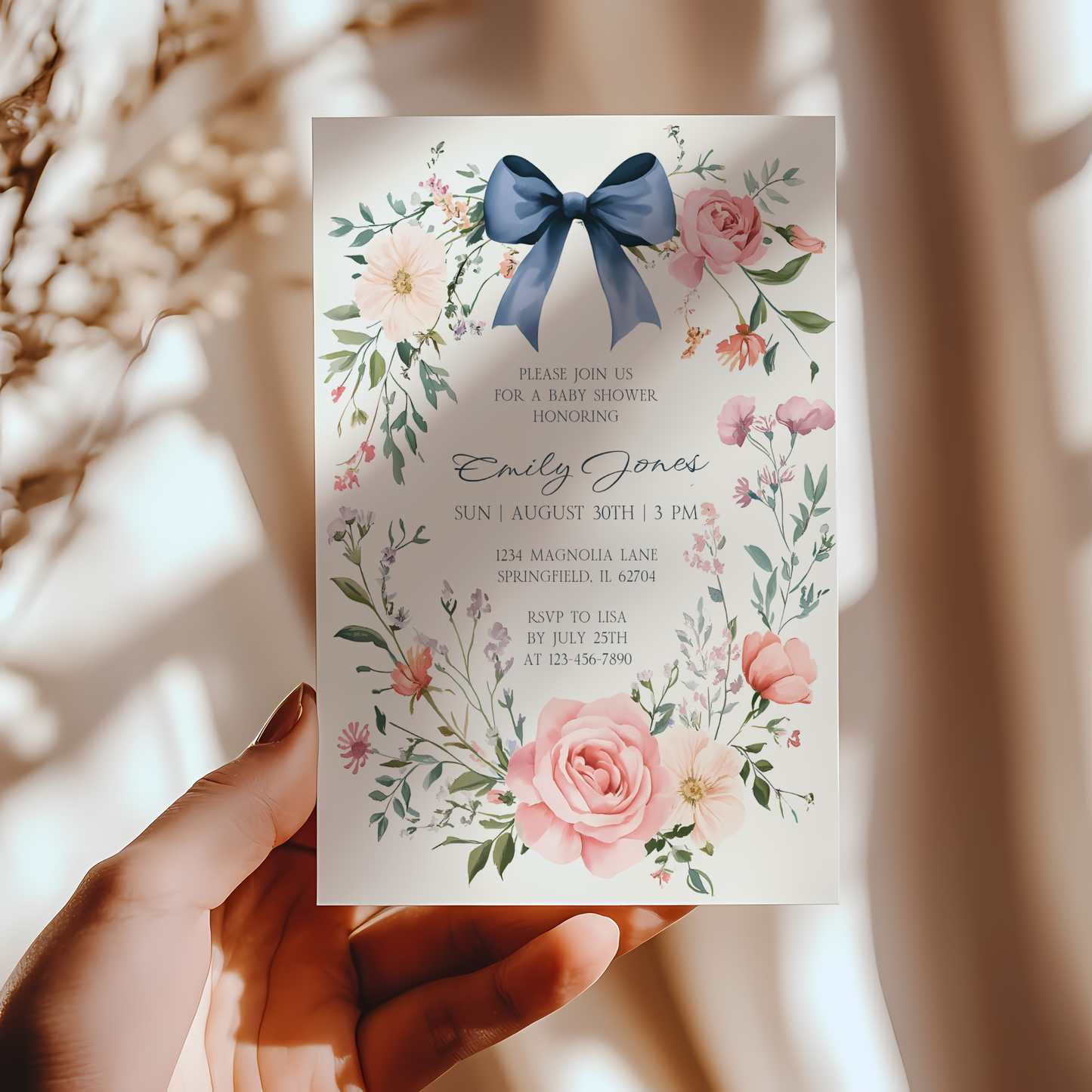 Baby Shower Invitation - Dusty Blue Bow Vintage Floral Elegant BS127