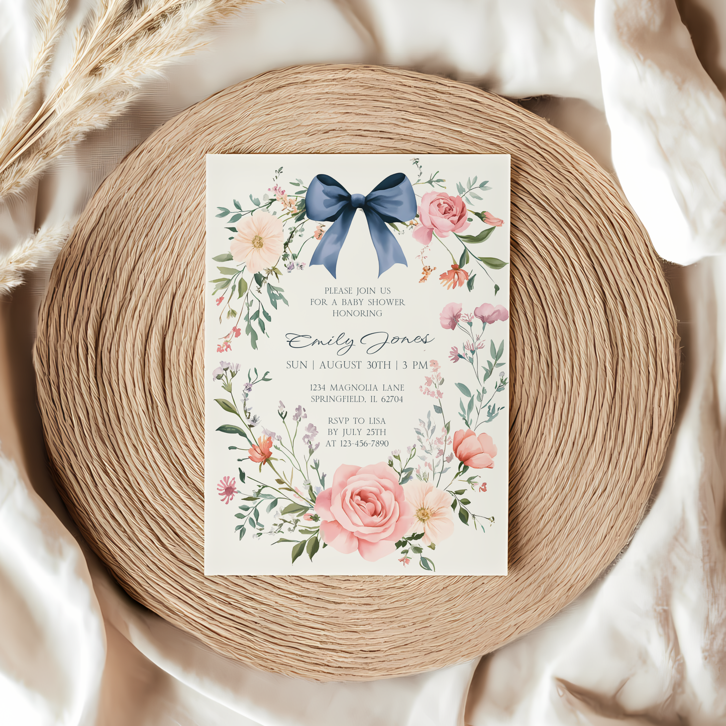 Baby Shower Invitation - Dusty Blue Bow Vintage Floral Elegant BS127