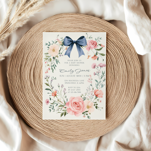 Baby Shower Invitation - Dusty Blue Bow Vintage Floral Elegant BS127