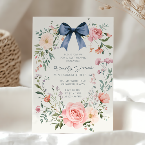 Baby Shower Invitation - Dusty Blue Bow Vintage Floral Elegant BS127