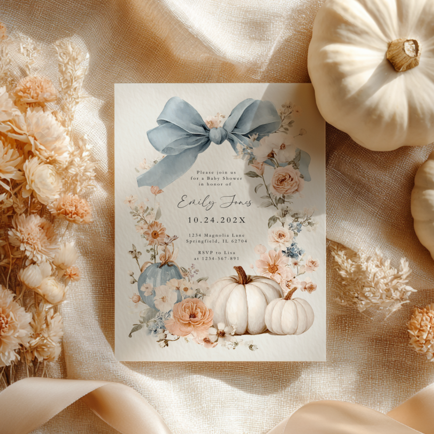 Baby Shower Invitation - Blue Bow Floral Pumpkin BS234