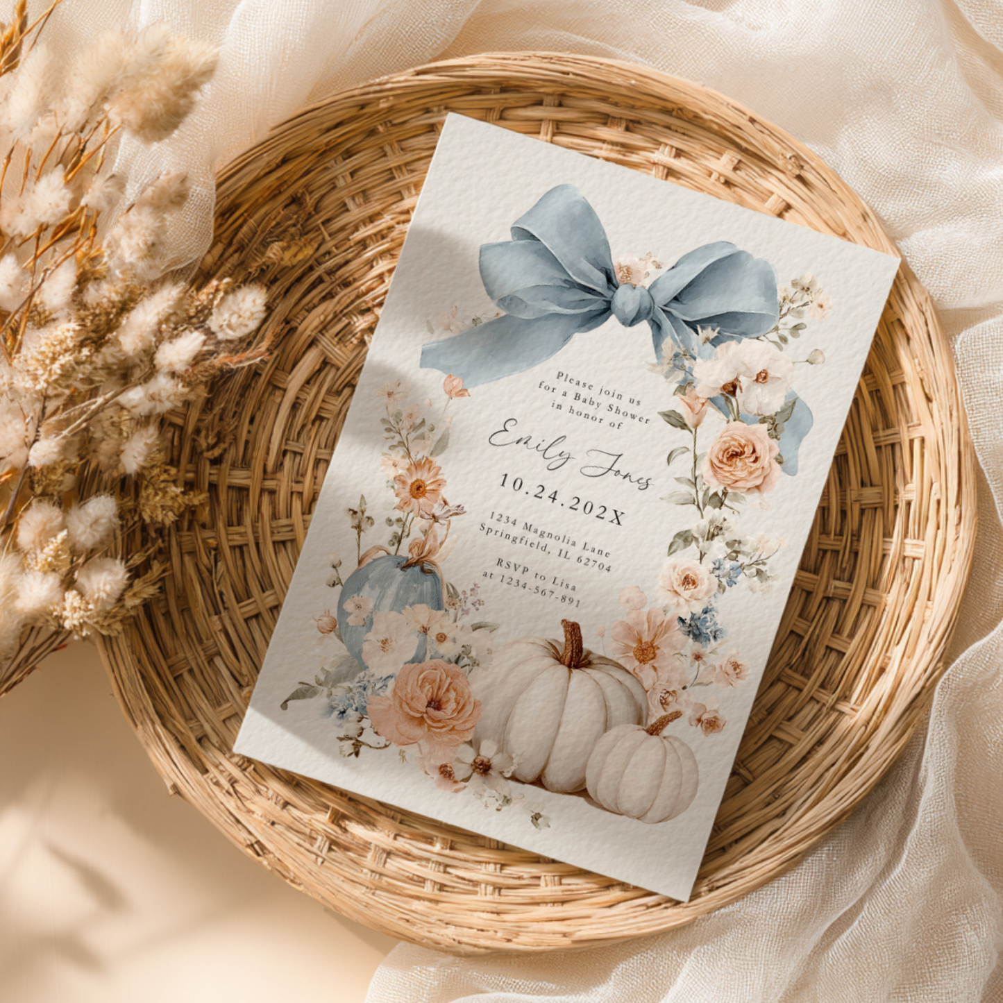 Baby Shower Invitation - Blue Bow Floral Pumpkin BS234