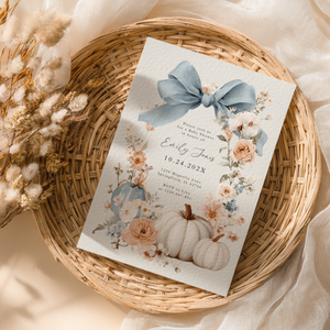 Baby Shower Invitation - Blue Bow Floral Pumpkin BS234