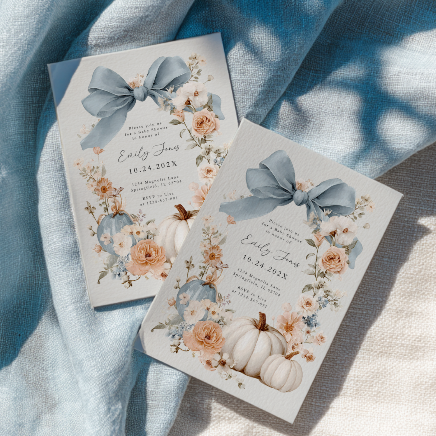 Baby Shower Invitation - Blue Bow Floral Pumpkin BS234