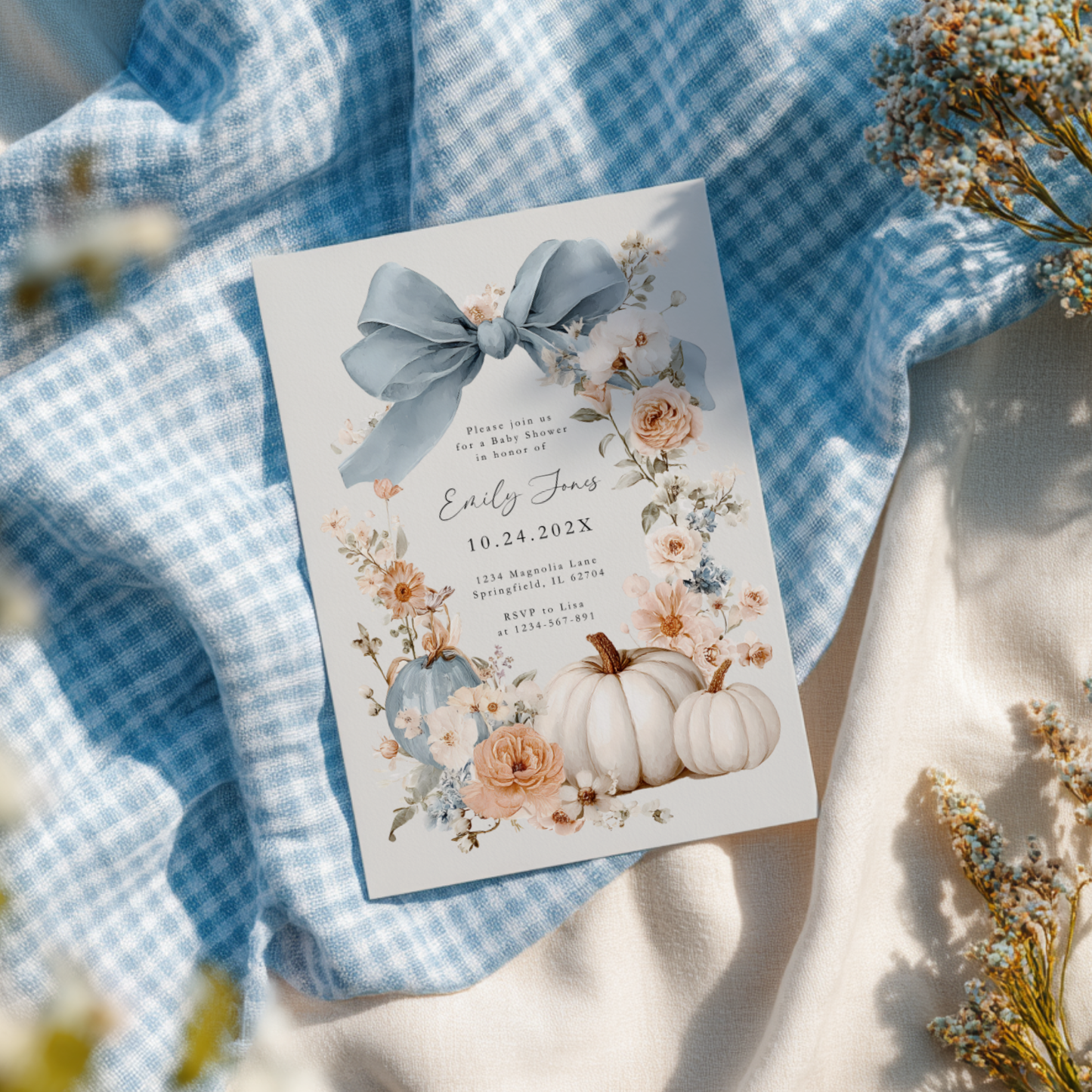 Baby Shower Invitation - Blue Bow Floral Pumpkin BS234