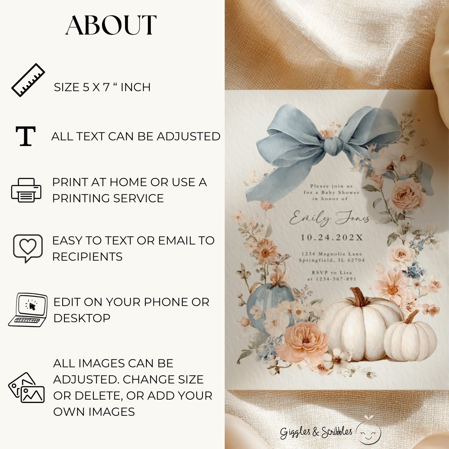 Baby Shower Invitation - Blue Bow Floral Pumpkin BS234