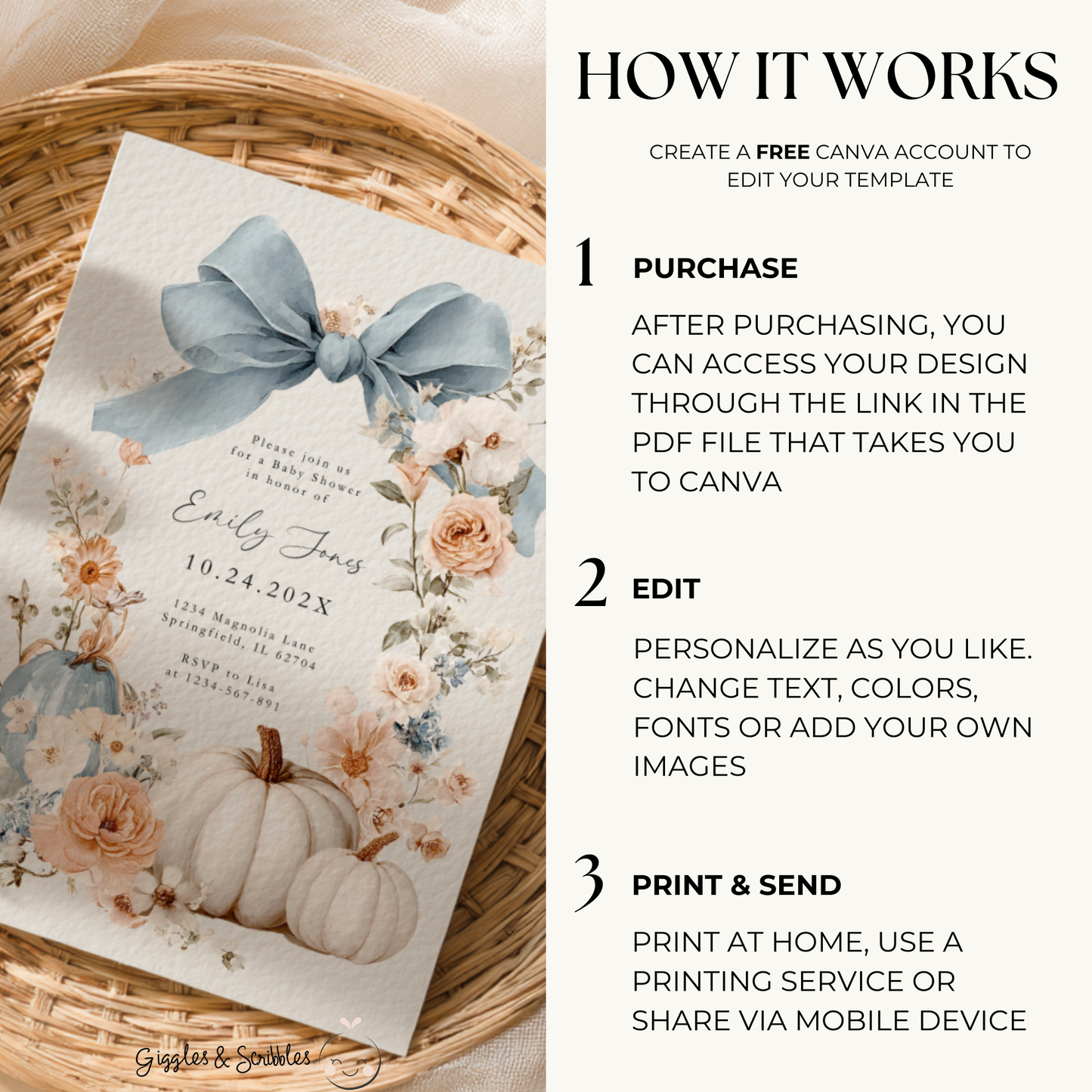 Baby Shower Invitation - Blue Bow Floral Pumpkin BS234