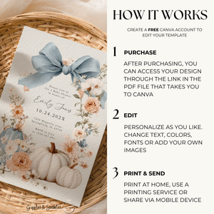 Baby Shower Invitation - Blue Bow Floral Pumpkin BS234