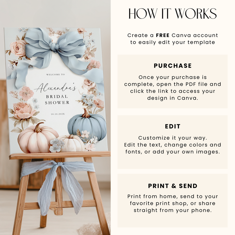 Blue Bow Pumpkin Fall Bridal Shower Welcome Sign Template
