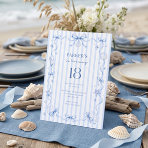 Blue Bow Coastal Birthday Invitation – Preppy Beach Party Theme L133