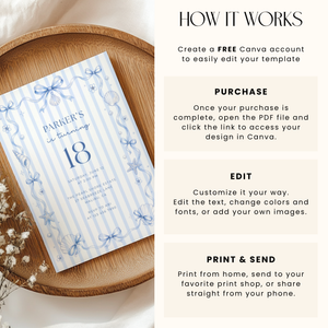 Blue Bow Coastal Birthday Invitation – Preppy Beach Party Theme L133