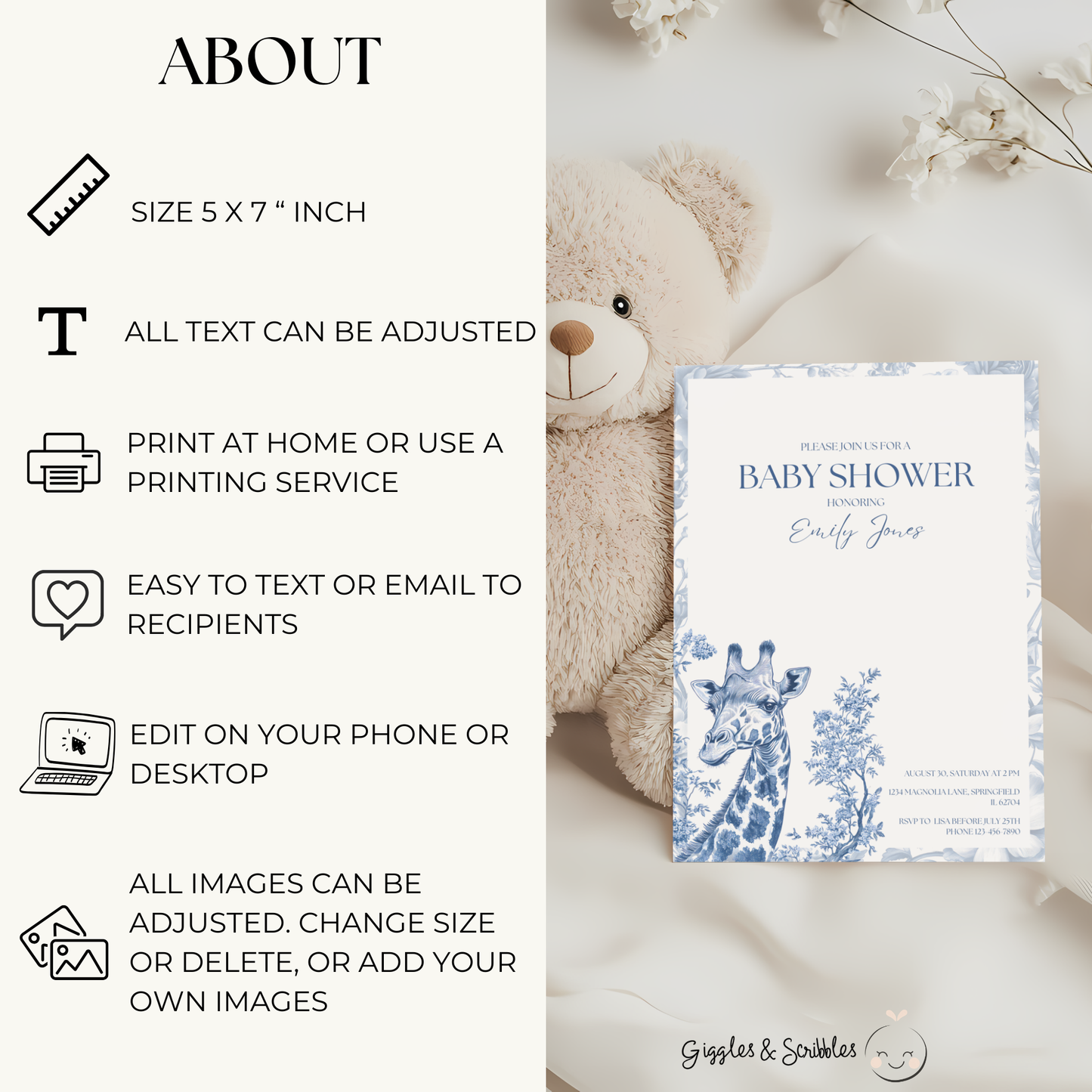 Baby Shower Invitation - Blue Safari Chinoiserie Giraffe BS14