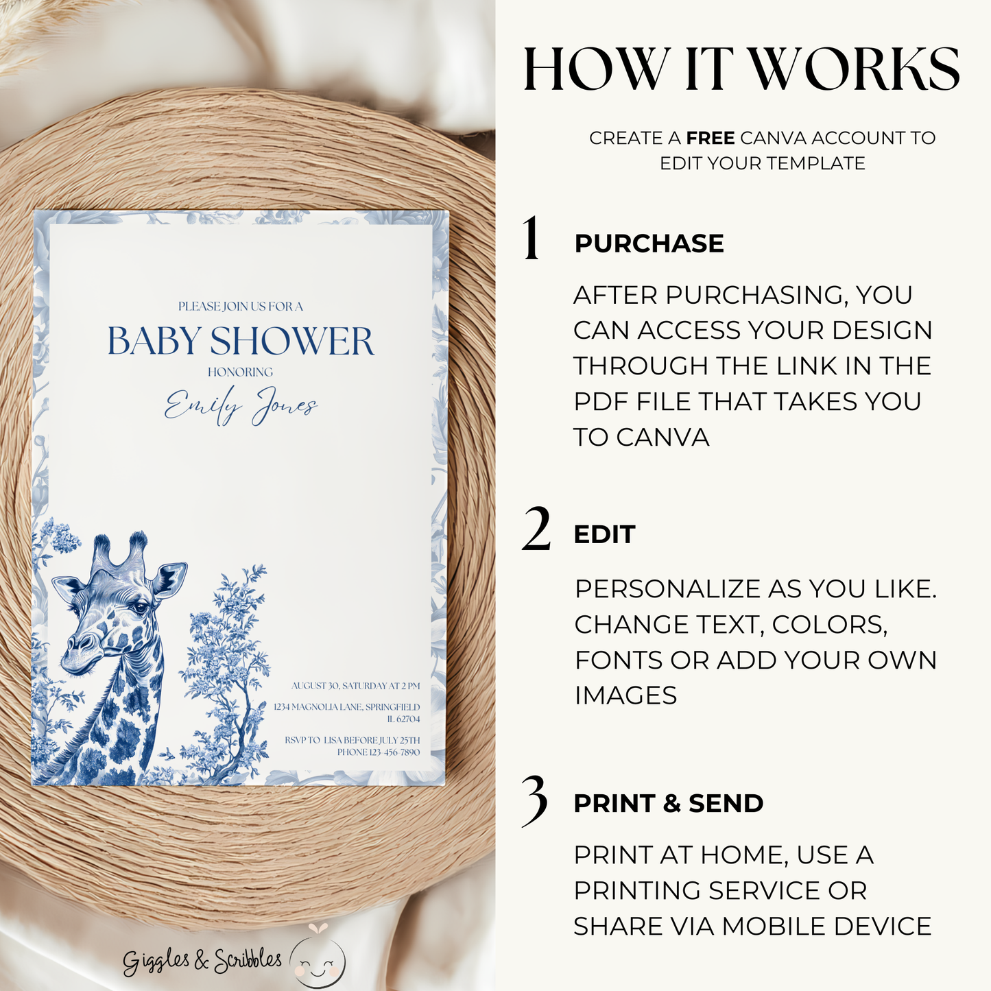 Baby Shower Invitation - Blue Safari Chinoiserie Giraffe BS14