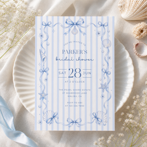 Coastal Bridal Shower Invitation - Coquette Blue Bow Theme L133