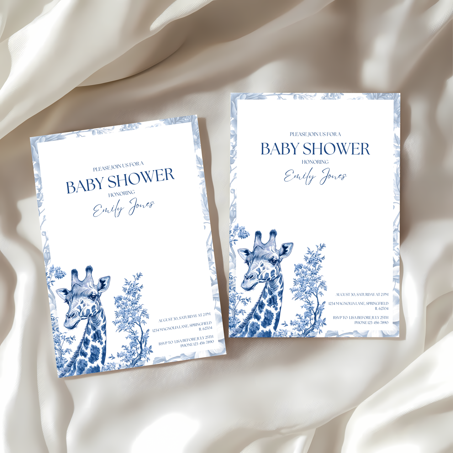 Baby Shower Invitation - Blue Safari Chinoiserie Giraffe BS14