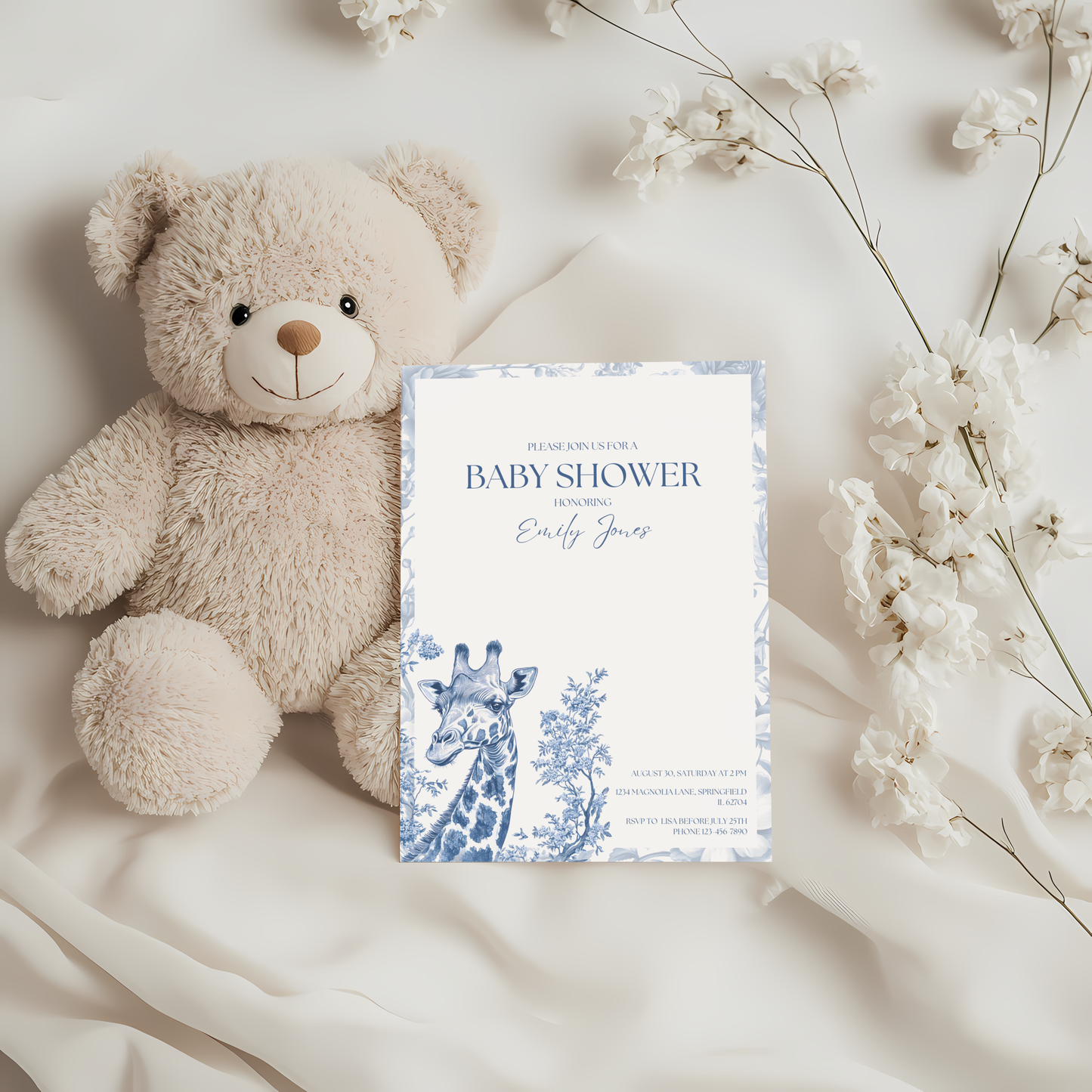 Baby Shower Invitation - Blue Safari Chinoiserie Giraffe BS14