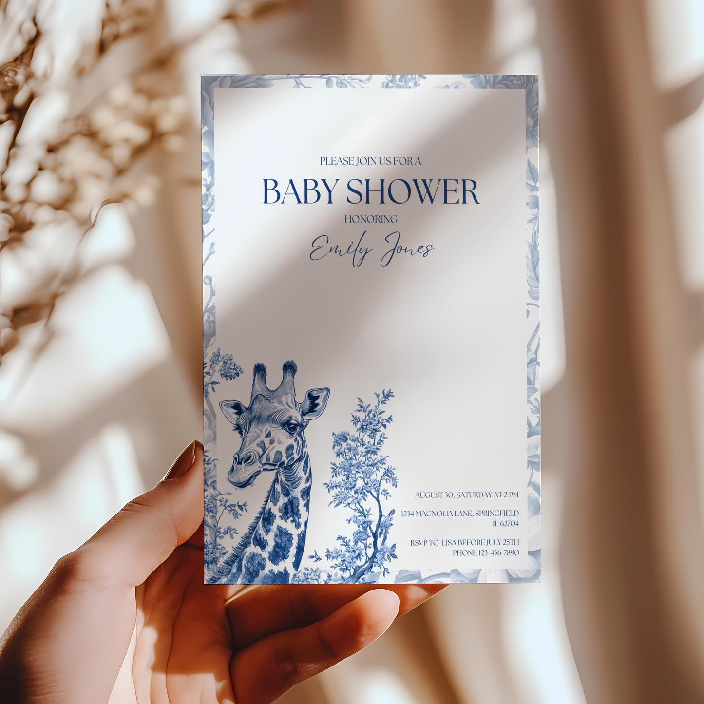 Baby Shower Invitation - Blue Safari Chinoiserie Giraffe BS14