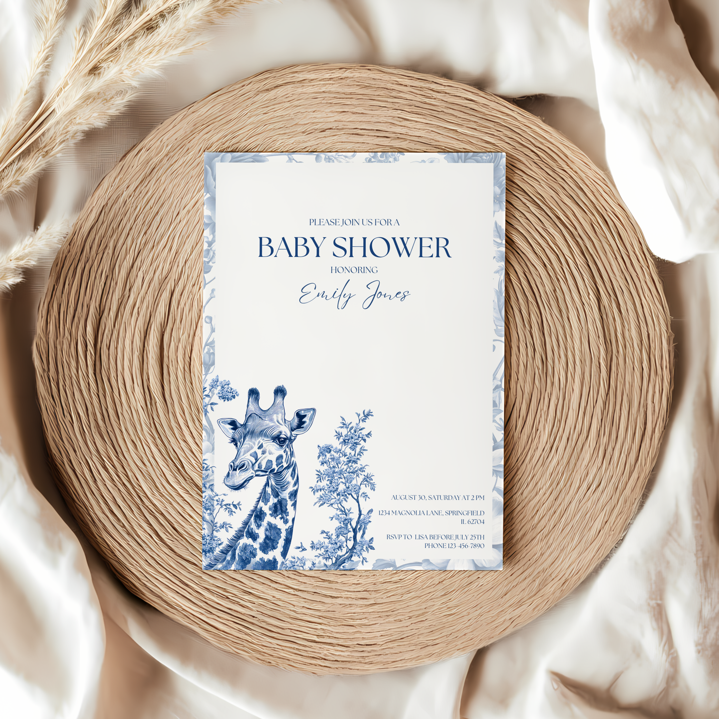 Baby Shower Invitation - Blue Safari Chinoiserie Giraffe BS14