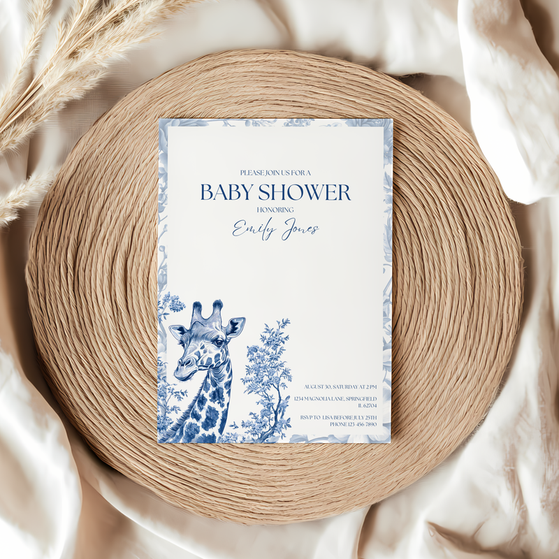 Baby Shower Invitation - Blue Safari Chinoiserie Giraffe BS14