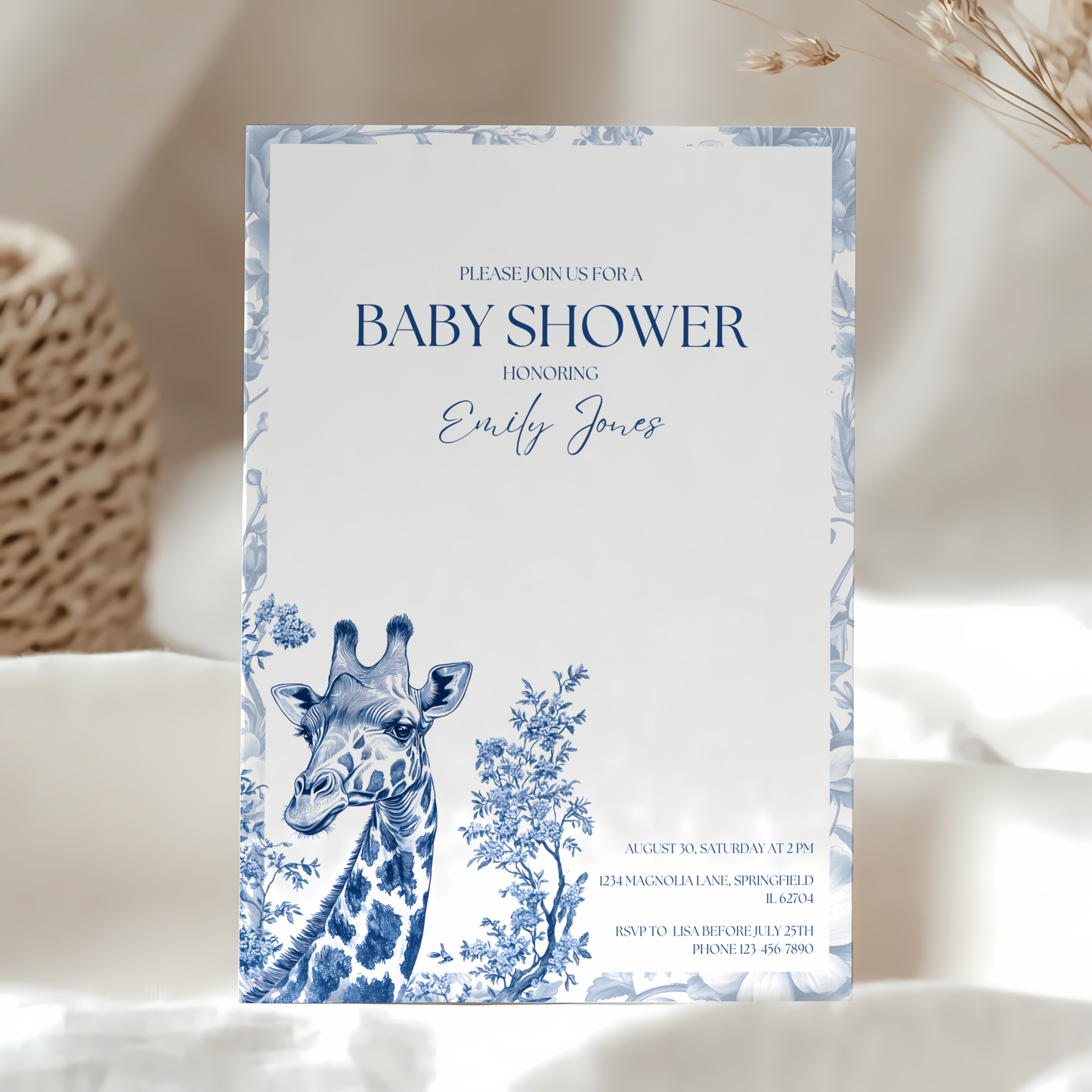 Baby Shower Invitation - Blue Safari Chinoiserie Giraffe BS14