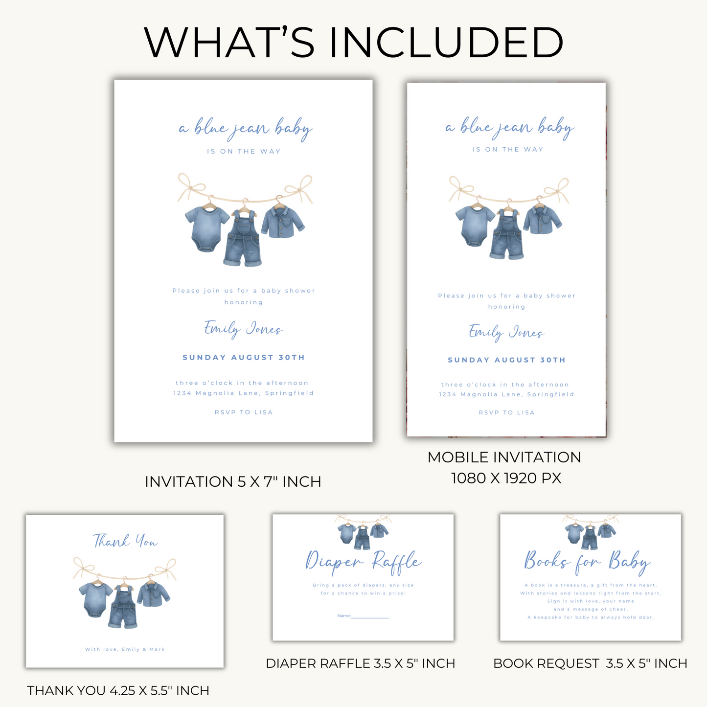 Baby Shower Invitation Bundle - Blue Jean Baby Denim Clothesline BS194